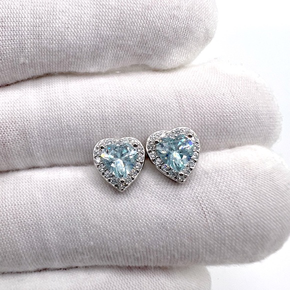 Jewelry - .925 Sterling Silver Aquamarine Cz & Clear Cz Heart Earrings
